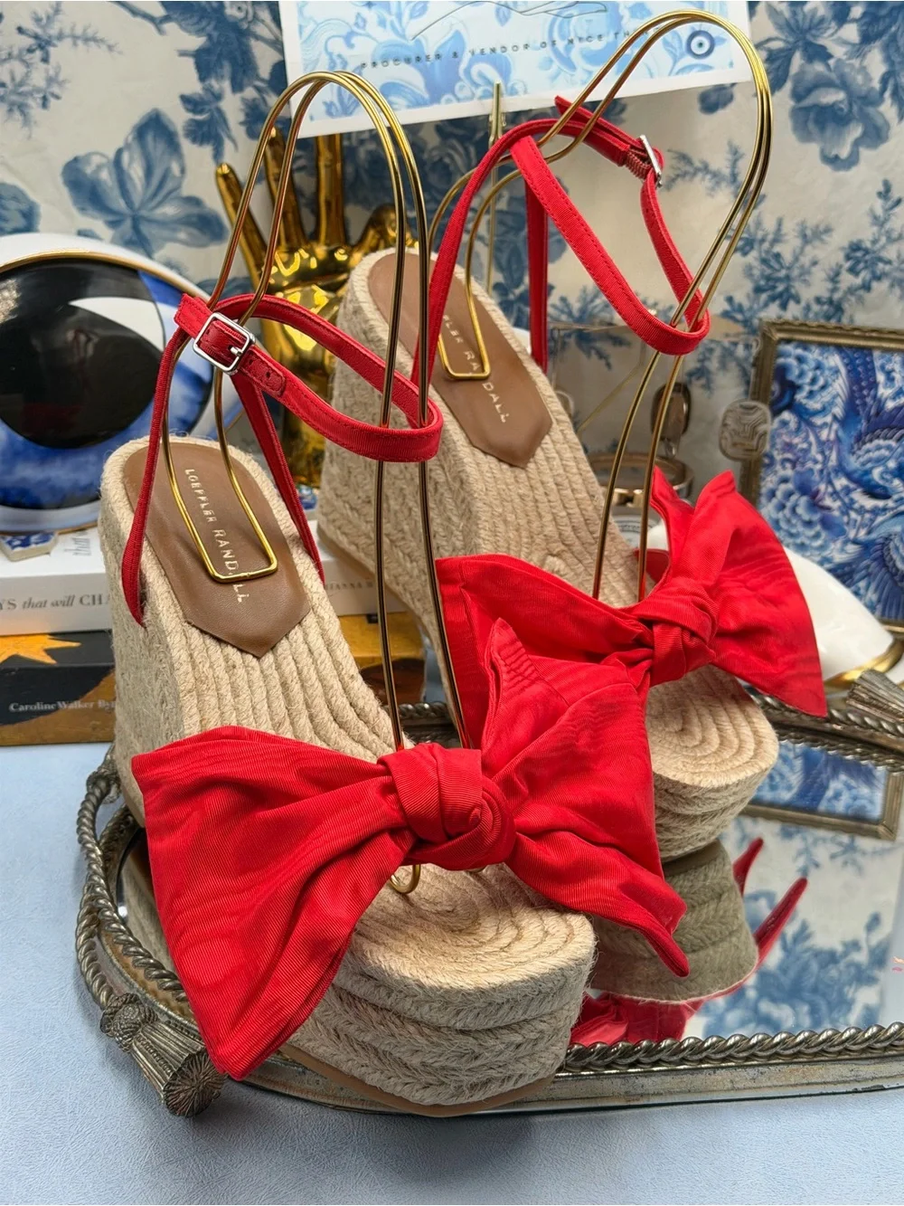🆕 LOEFFLER RANDALL 🧿 NWOB Angelina Red Moiré Bow Wedge Espadrille, Sz 9